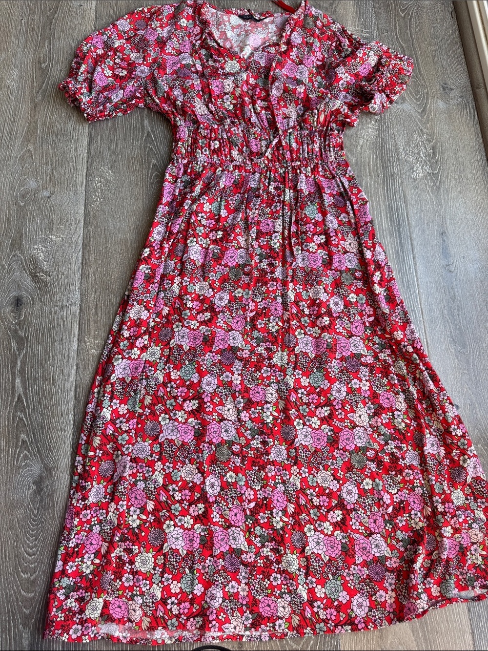 Red Floral Midi Spring Wedding Guest Dress with Pink Accents AS0663